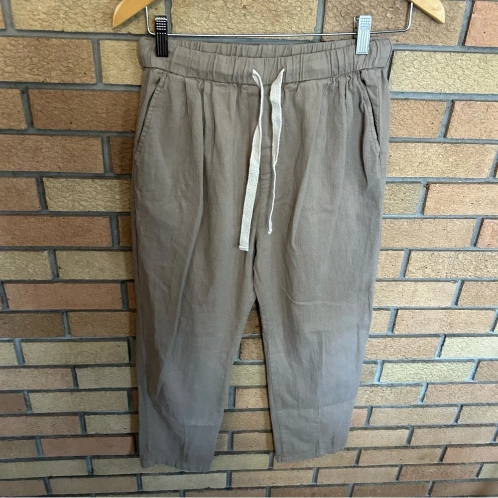 ZARA 100% Linen High Rise Khaki Tan Drawstring Slim Leg Pants Women’s Size XS